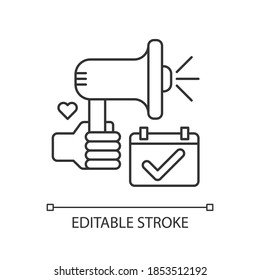Pride parade loudspeaker pixel perfect linear icon. Gay movement. Lesbian relationships. Thin line customizable illustration. Contour symbol. Vector isolated outline drawing. Editable stroke