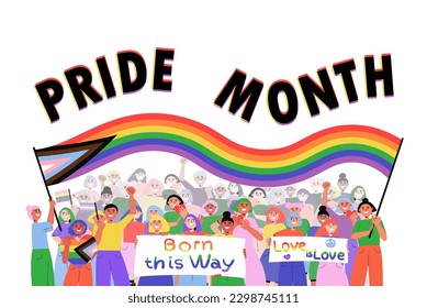 Pride parade people marching on street. Happy characters holding rainbow LGBTQ flag and placards with quote Born this way, Love is love. Pride month poster. Vector illustration