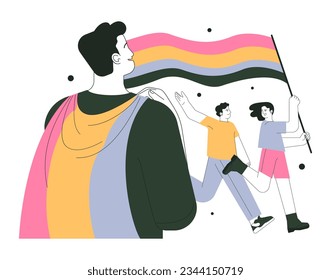 Pride Parade. Lächelnde Charaktere mit Regenbogenfahnen feiern den Stolz des Monats. LGBTQ Community Support und Bewegung. Liebe ist Liebe Idee. Vielfalt und Solidarität. Flache Vektorgrafik