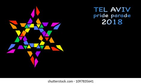 Pride Parade, Tel Aviv 2018, rainbow colored star of David. Vector isolated or black background 