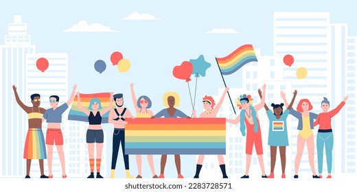 Pride parade, transgender gay people with rainbow flags. Diversity couple lgbt demonstration. Homosexual human, equal rights recent vector scene