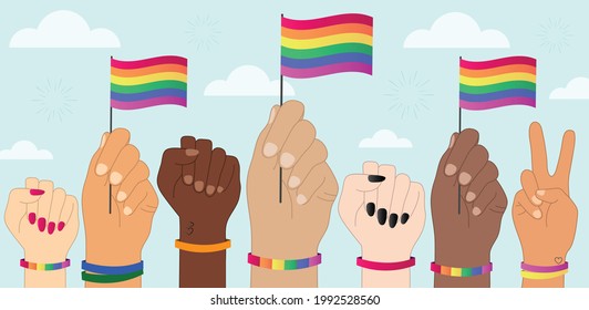 Pride parade vector illustration background. Rainbow flag sign. LGBT community. People holding pride flag.