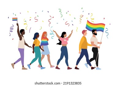 Pride parade vector illustration of people, homosexual couples holding rainbow signs, lgbt community activists