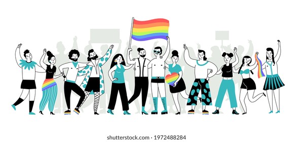 Pride parade. Young people, lgbt homosexual community hold rainbow banner. Lgbtq person, gay lesbian transgender. Couple love decent vector group