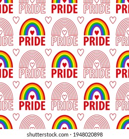 Pride pattern. A vector seamless pattern of the words pride. Pride lesbian, gay, bisexual transgender, heart, rainbow on a white background. Symbol of the LGBT community. For fabric, wrap, sites.