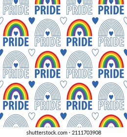 Pride pattern. A vector seamless pattern of the words pride. Pride lesbian, gay, bisexual transgender, heart, rainbow on a white background. Symbol of the LGBT community. For fabric, wrap, sites.