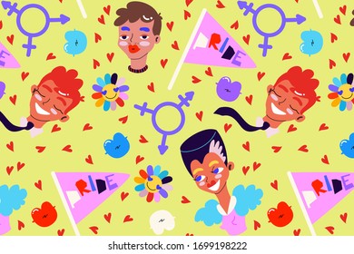 Pride people seamless pattern. Pride rainbow flag, kisses, man and women. Bright banner, poster and textile design. LGBT conceptual hand-drawn  pattern.