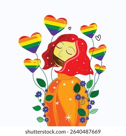 Pride person surrounded by rainbow hearts and flowers
