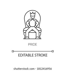 Pride pixel perfect linear icon. Arrogant behaviour thin line customizable illustration. Contour symbol. Proud person sitting on throne vector isolated outline drawing. Editable stroke