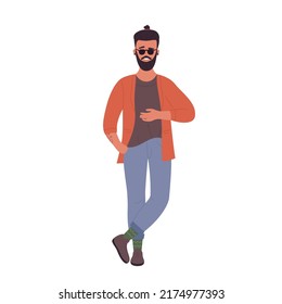 La pose del orgullo de un hombre genial hipster. Chico elegante y apuesto en ilustración vectorial de ropa casual