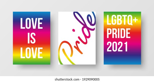 Pride Poster Set. Collection of Modern LGBTQ+ Pride Poster Design Templates with LGBT Flag Colours and Creative Typography Lettering Text. 