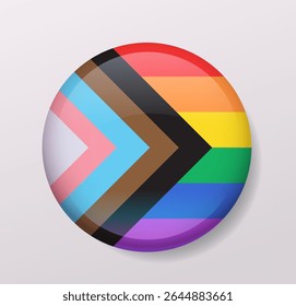 Pride progress flag button LGBTQ inclusivity rainbow colors glossy round badge isolated on light background