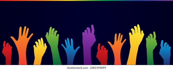 pride rainbow color hands holds up to the sky lgbt community rise together 