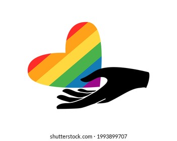 Orgullo: corazón de color arcoiris con mano. Colores de bandera de la comunidad gay, lesbiana, bisexual y transgénero. Ilustración plana vectorial. Diseño para banner, afiche, tarjeta de saludo, volante
