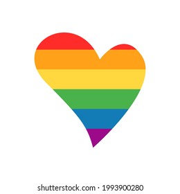 Orgullo: corazón de color arcoiris aislado en un fondo blanco. Colores de bandera de la comunidad gay, lesbiana, bisexual y transgénero. Ilustración plana vectorial. Diseño para banner, afiche, tarjeta de saludo, volante