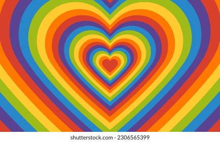 Pride rainbow colored heart shaped tunnel. Retro background in groovy psychedelic style. Clipping mask vector.