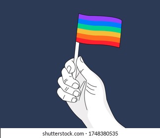 Pride rainbow flag in hand drawing. A hand waving rainbow flag - vector illustration for pride month event celebration