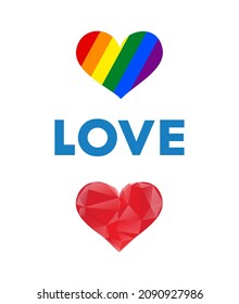 Orgullo del corazón arco iris y corazón rojo poligonal con letras de amor