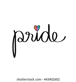 Pride. Rainbow word isolated on white background. Watercolor lettering. Gay parade symbol. "Pride" hand lettering with a rainbow heart