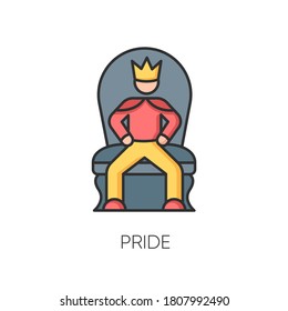 Pride RGB color icon. Arrogant behaviour, feeling of self importance. High minded, haughty temperament. Proud person sitting on throne isolated vector illustration