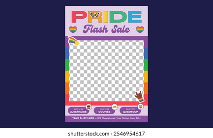 Pride Sale Flyer. Poster templates with LGBTQ community symbols and signs, rainbow flags, crown and globe, love freedoms and rights equality. Vector illustration.