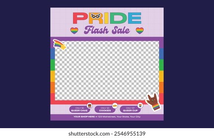 Pride Sale Socials Media. Poster templates with LGBTQ community symbols and signs, rainbow flags, crown and globe, love freedoms and rights equality. Vector illustration.