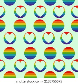 Pride Seamless Pattern, Rainbow Circle And Circle With Cut Out Heart Shape On Green Background Vector Illustration