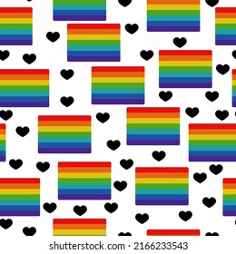 Pride seamless pattern, rainbow flag and heart silhouettes on white background vector illustration