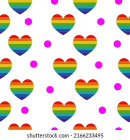 Pride seamless pattern, rainbow heart and pink dots on white background vector illustration