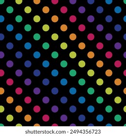 Pride seamless pattern. Rainbow polka dots pattern. Vector abstract background. Rainbow dots on black background.