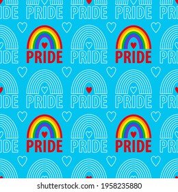 Pride seamless vector pattern on a blue background. Backdrop with color hearts, rainbows and white outline hearts and rainbows. LGBT Day. June-Pride Month. Valentine's day. Lesbian, gay, transgender.