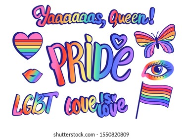 Pride SET hand drawn with inscription Love is Love. Yaaaas, Queen. Vector LGBTQ set print isolated on white background