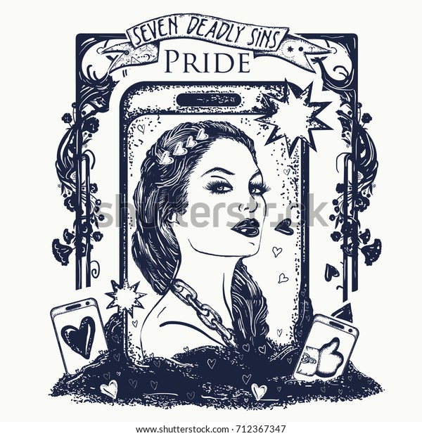 Pride. Seven\
deadly sins tattoo and t-shirt design. Vain fashion woman, internet\
dependence. Symbol arrogance, selfie, vanity. Vainglorious girl\
collects likes on social networks\
