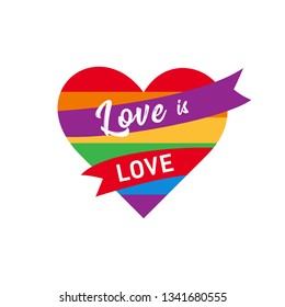 Pride sign - Love is love. Heart with gay rainbow colors. LGBT concept. Icon for lesbian or gay parade, symbol of love. 