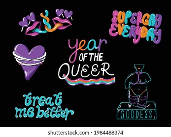 Pride Sticker 6 Pack Collection Hand Drawn Vector Images, Year Of The Queer, Super Gay Everyday, Love Yourself, Snogging Hearts, Goddess Statue, Black Background Neon Color Palette