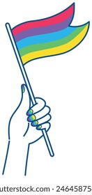 Pride sticker icon featuring a hand holding a rainbow flag with matching rainbow-striped nails on a white background. Ideal for LGBTQ+ themes and celebrations.
