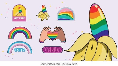 Pride Sticker Pack. Collection of trendy pins. Set of cool patches vector design. Abstract retro badges.