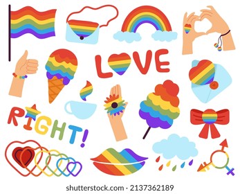 Pride stickers. Lgbt badges, lgbtq gays parade. Rainbow colours logos, romantic love different elements, flag. Gay community support decent vector kit