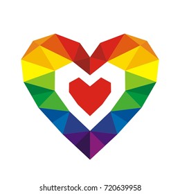Pride symbol. Crystal rainbow heart. Six colors of love. Little red heart in geometric shape.
Multicolor polygonal element. Valentine's Day card. Homosexual love concept.