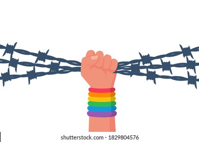 Pride symbol. A man with a bandage on hand holds a barbed wire in his fist. Demonstrating a gesture with the hands of love. Vector illustration flat design. Isolated on background. Freedom sign.