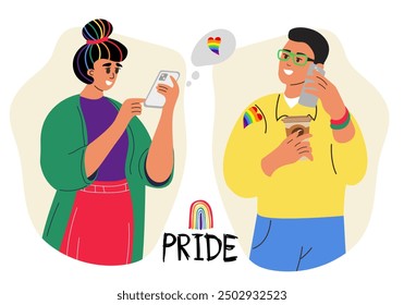 Pride month. People talking phone. Man and woman have conversation. Lgbtq people in romantic relationships. Vector illustration.