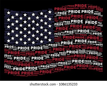 Pride text items are composed into waving USA flag abstraction on a dark background. Vector concept of USA state flag is constructed from pride text items.