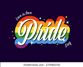 Pride text on rainbow colors stripe background. Love is Love concept for LGBTQ community. 