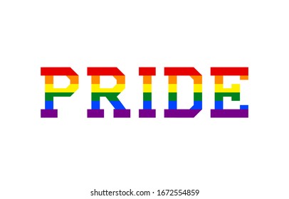 Pride text with rainbow LGBT flag on white background.
