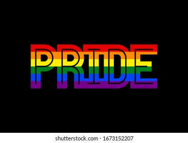 Pride text with rainbow LGBT flag on black background.