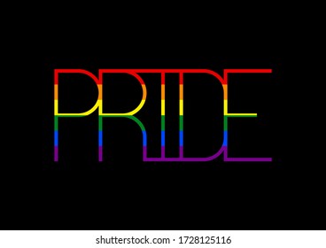 Pride text with rainbow LGBT flag on black background.