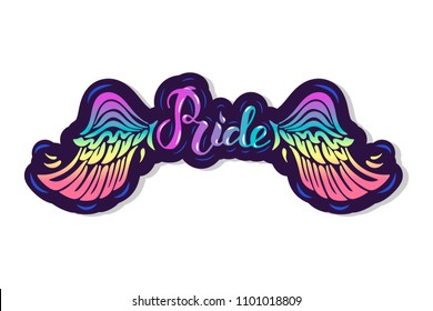 Pride text with rainbow wings is on background. Handwritten lettering Pride as logo, badge, icon, patch. Template for lgbt community, party invitation, carnival, festival, parade, greeting card, web