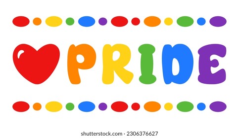 Pride text with red heart in rainbow colors of LGBTQ flag isolated on white background. Hand drawn lettering quote. Typography design element for Pride Month. Vector design for poster, banner, t-shirt