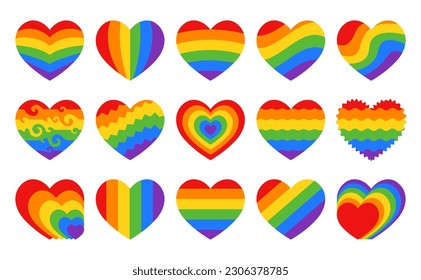 Texto del orgullo con el corazón rojo en los colores del arcoiris de la bandera LGBTQ aislada en fondo blanco. Conjunto de símbolos LGBT. Elementos vectoriales para el diseño del Mes de Orgullo