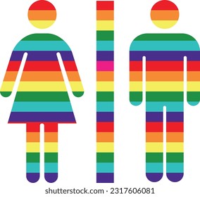 Pride toilet symbol men and women, the 6 colors pride red, orange, yellow, green, indigo and violet.